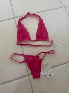 Lace Halter Bralette & Thong Set in hot pink wicked weasel